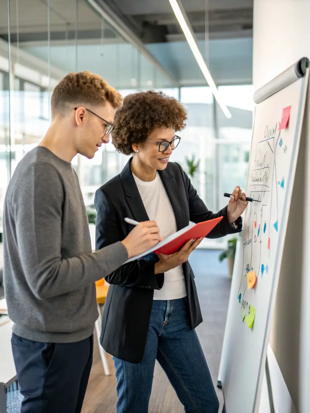 A coach guiding a client through a strategic planning session, emphasizing personalized support and goal setting.
