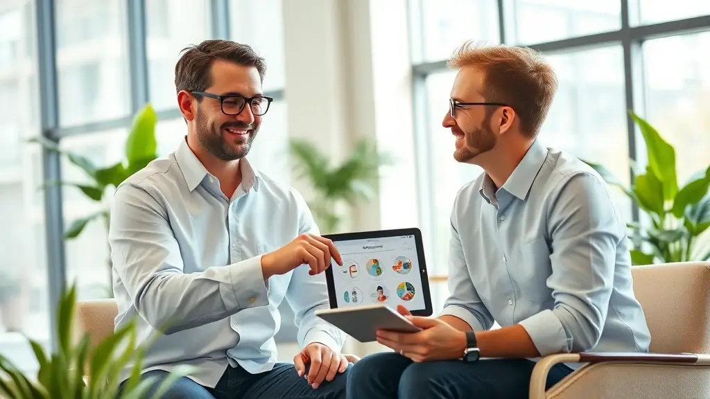 A modern office interior with a coach and client in a discussion, symbolizing business coaching and personal development.
