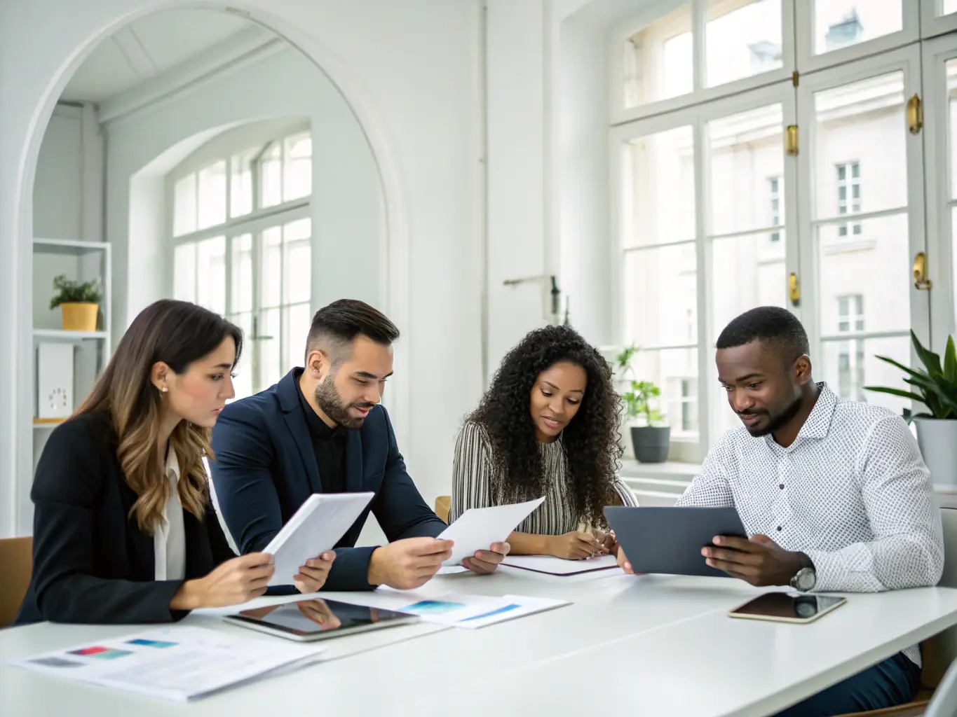 An image of a business team collaborating around a table with charts and laptops, representing business strategy and teamwork.